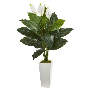 Floor Plants | 51" Spathiphyllum Artificial Plant in White Tower Planter Artificial Plants Floor Plants