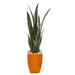 Floor Plants | 55" Sansevieria Artificial Plant in Orange Planter Artificial Plants Floor Plants