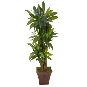 Floor Plants | 57" Corn Stalk Dracaena Artificial Plant in Brown Planter (Real Touch) Artificial Plants Dracaena Trees