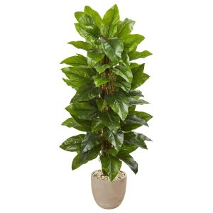 Floor Plants | 58" Large Leaf Philodendron Artificial Plant in Sand Stone Planter (Real Touch) Artificial Plants Floor Plants