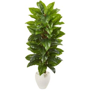 Floor Plants | 63" Large Leaf Philodendron Artificial Plant in White Planter (Real Touch) Artificial Plants Floor Plants