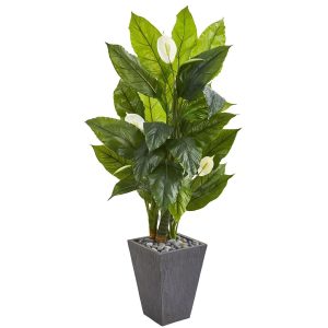 Floor Plants | 63" Spathyfillum Artificial Plant in Slate Planter (Real Touch) Artificial Plants Floor Plants