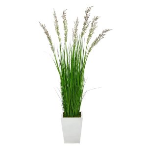 Floor Plants | 64" Wheat Grass Artificial Plant in White Metal Planter Artificial Plants Floor Plants