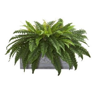 Floor Plants | Boston Fern Artificial Plant in Stone Planter Artificial Plants Ferns