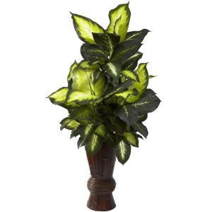 Floor Plants | Golden Dieffenbachia Bamboo Planter Artificial Plants Floor Plants