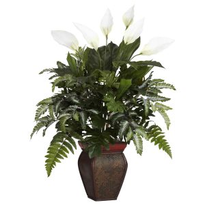 Floor Plants | Mixed Greens Spathyfillum & Decorative Vase Silk Plant Artificial Plants Desk Plants