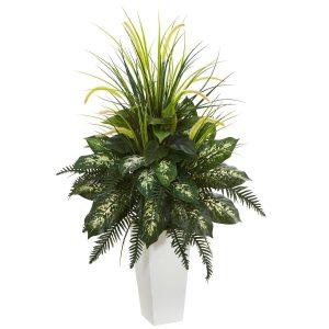 Floor Plants | Mixed River Fern and Dogtail Artificial Plant in White Tower Planter Artificial Plants Ferns