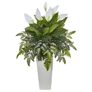 Floor Plants | Mixed Spathifyllum Artificial Plant in White Tower Vase Artificial Plants Floor Plants