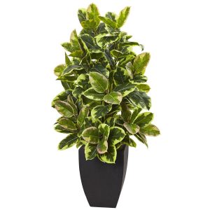 Floor Plants | Rubber Plant with Black Wash Planter Artificial Plants Floor Plants