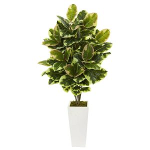 Floor Plants | Variegated Rubber Leaf Artificial Plant in White Tower Vase Artificial Plants Floor Plants