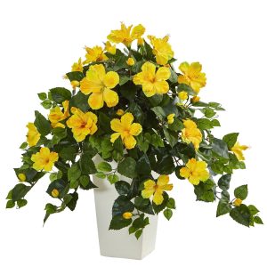 Flowering Plants | Hibiscus Artificial Plant in White Tower Planter Yellow Artificial Plants Flowering Plants