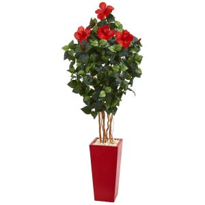 Flowering Trees | 5.5' Hibiscus Artificial Tree in Red Tower Planter Artificial Trees Flowering Trees