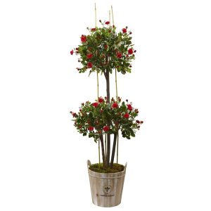 Flowering Trees | 5.5' Rose Topiary Tree with Farmhouse Planter Artificial Trees Flowering Trees