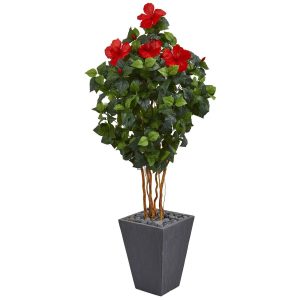 Flowering Trees | 5' Hibiscus Artificial Tree in Slate Planter Artificial Trees Flowering Trees