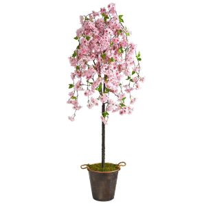 Flowering Trees | 6′ Artificial Cherry Blossom Tree in Decorative Metal Pail with Rope Artificial Trees Flowering Trees