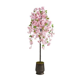 Flowering Trees | 6' Cherry Blossom Artificial Tree in Ribbed Metal Planter Artificial Trees Flowering Trees