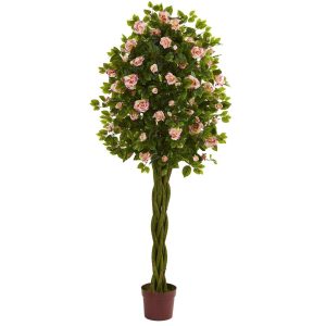 Flowering Trees | 6' Rose Artificial Tree with Woven Trunk Artificial Trees Flowering Trees