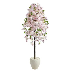 Flowering Trees | 70" Cherry Blossom Artificial Tree in White Planter Artificial Trees Flowering Trees