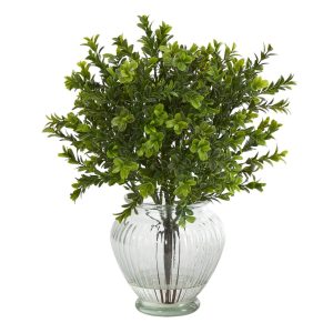 Grass | 14" Boxwood Artificial Plant in Glass Planter (Indoor/Outdoor) Artificial Plants Grass