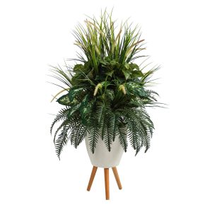 Grass | 4.5’ Mixed Greens Artificial Plant in White Planter with Legs Artificial Plants Ferns