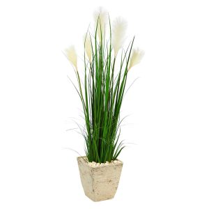 Grass | 4.5’ Wheat Plum Grass Artificial Plant in Country White Planter Artificial Plants Floor Plants