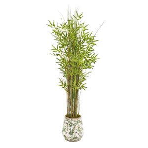 Grass | 64" Grass Artificial Bamboo Plant in Floral Print Planter Artificial Plants Floor Plants