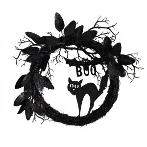 Halloween Wreaths & Garlands | 22" Halloween Black Cat and Bat Boo Twig Wreath Fall Wreaths & Garlands Fall Wreaths & Garlands