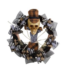 Halloween Wreaths & Garlands | 24" Halloween Skull in Plaid Mesh Wreath Fall Wreaths & Garlands Fall Wreaths & Garlands