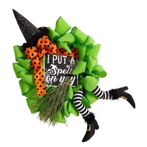 Halloween Wreaths & Garlands | 26" Halloween Witch Broom and Hat Mesh Wreath" Fall Wreaths & Garlands Fall Wreaths & Garlands