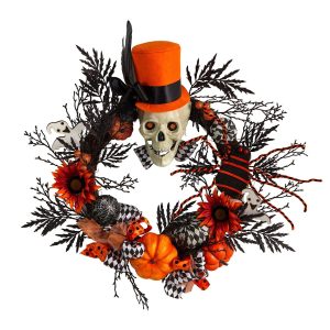 Halloween Wreaths & Garlands | 30" Spider and Skull with Top Hat Halloween Wreath Fall Wreaths & Garlands Fall Wreaths & Garlands