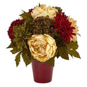 Hydrangeas | 14" Peony, Hydrangea and Dahlia Artificial Arrangement in Burgundy Vase Artificial Flowers Hydrangeas