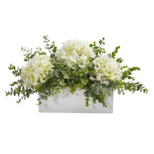 Hydrangeas | 15" Hydrangea and Eucalyptus Artificial Arrangement in White Vase Artificial Flowers Hydrangeas