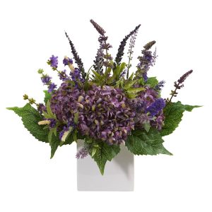 Hydrangeas | 15" Hydrangea and Lavender Artificial Arrangement in White Vase Artificial Flowers Hydrangeas