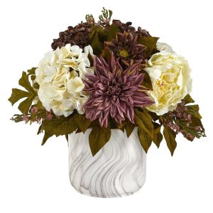 Hydrangeas | 15" Peony, Hydrangea and Dahlia Artificial Arrangement in Marble Finished Vase Artificial Flowers Hydrangeas