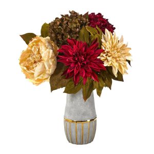 Hydrangeas | 17" Peony, Hydrangea and Dahlia Artificial Arrangement in Stoneware Vase with Gold Trimming Artificial Flowers Hydrangeas