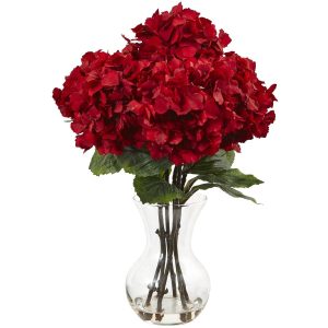 Hydrangeas | 18" Artificial Red Hydrangea with Vase Silk Flower Arrangement" Artificial Flowers Hydrangeas