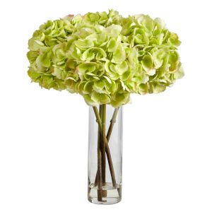 Hydrangeas | 18" Hydrangea Artificial Arrangement in Cylinder Glass Vase Artificial Flowers Hydrangeas