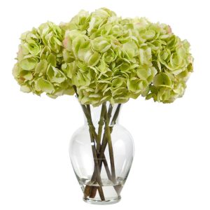 Hydrangeas | 18" Yellow Hydrangea Artificial Arrangement in a Bouquet Glass Vase Artificial Flowers Hydrangeas