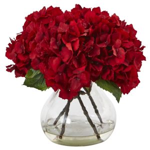 Hydrangeas | 8.5" Artificial Red Hydrangea with Vase Silk Flower Arrangement" Artificial Flowers Hydrangeas