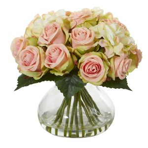 Hydrangeas | Rose and Hydrangea Artificial Arrangement in Glass Vase Artificial Flowers Hydrangeas