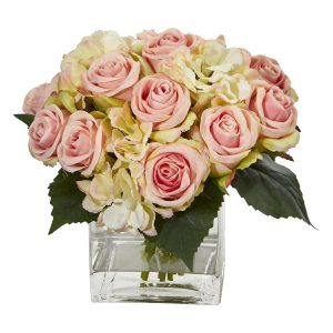 Hydrangeas | Rose and Hydrangea Bouquet Artificial Arrangement in Vase Artificial Flowers Hydrangeas