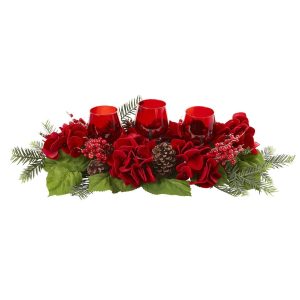 Hydrangeas | Triple Hydrangea Red Candelabrum Artificial Flowers Hydrangeas