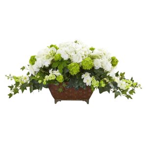 Ledge Plants | Hydrangea and Ivy Artificial Arrangement White Artificial Flowers Hydrangeas