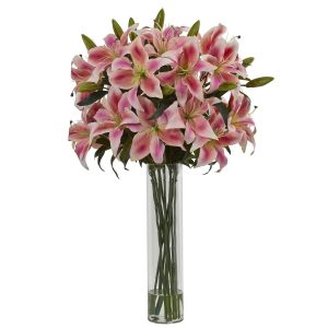 Lilies | Rubrum Lily Artificial Arrangement in Cylinder Vase Pink Artificial Flowers Lilies