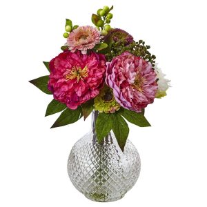 Mums | 14" Artificial Peony and Mum in Glass Vase" Artificial Flowers Mums