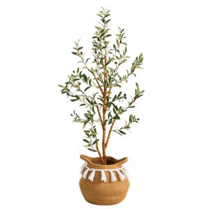 Olive Tree Collection | 3.5' Artificial Olive Tree with Handmade Jute & Cotton Basket with Tassels Artificial Trees Olive Tree Collection