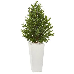 Olive Tree Collection | 4' Olive Cone Topiary Artificial Tree in White Planter(Indoor/Outdoor) Artificial Trees Olive Tree Collection