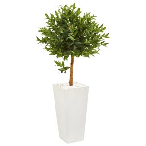 Olive Tree Collection | 4' Olive Topiary Artificial Tree in White Planter(Indoor/Outdoor) Artificial Trees Olive Tree Collection