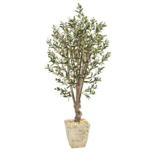 Olive Tree Collection | 5' Olive Artificial Tree in Country White Planter Artificial Trees Olive Tree Collection