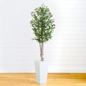 Olive Tree Collection | 6' Olive Artificial Tree in White Tower Planter Artificial Trees Olive Tree Collection